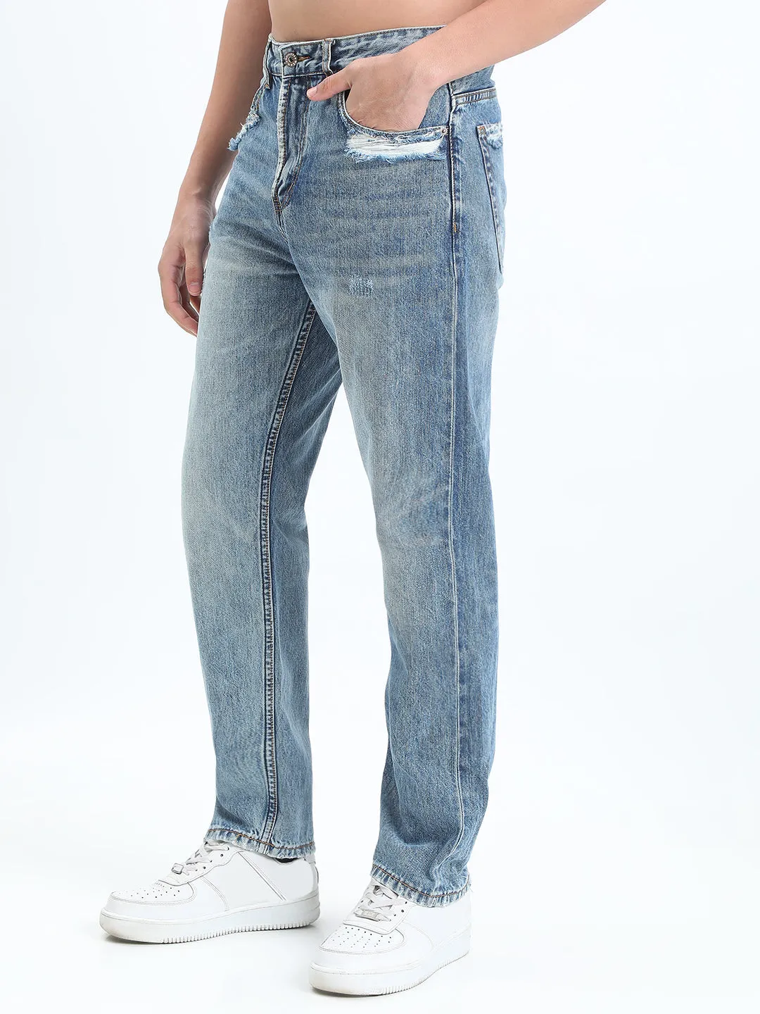 Men's Blue Straight Fit Jeans with Distressed Pocket Details Essential Wear All-day Comfort
