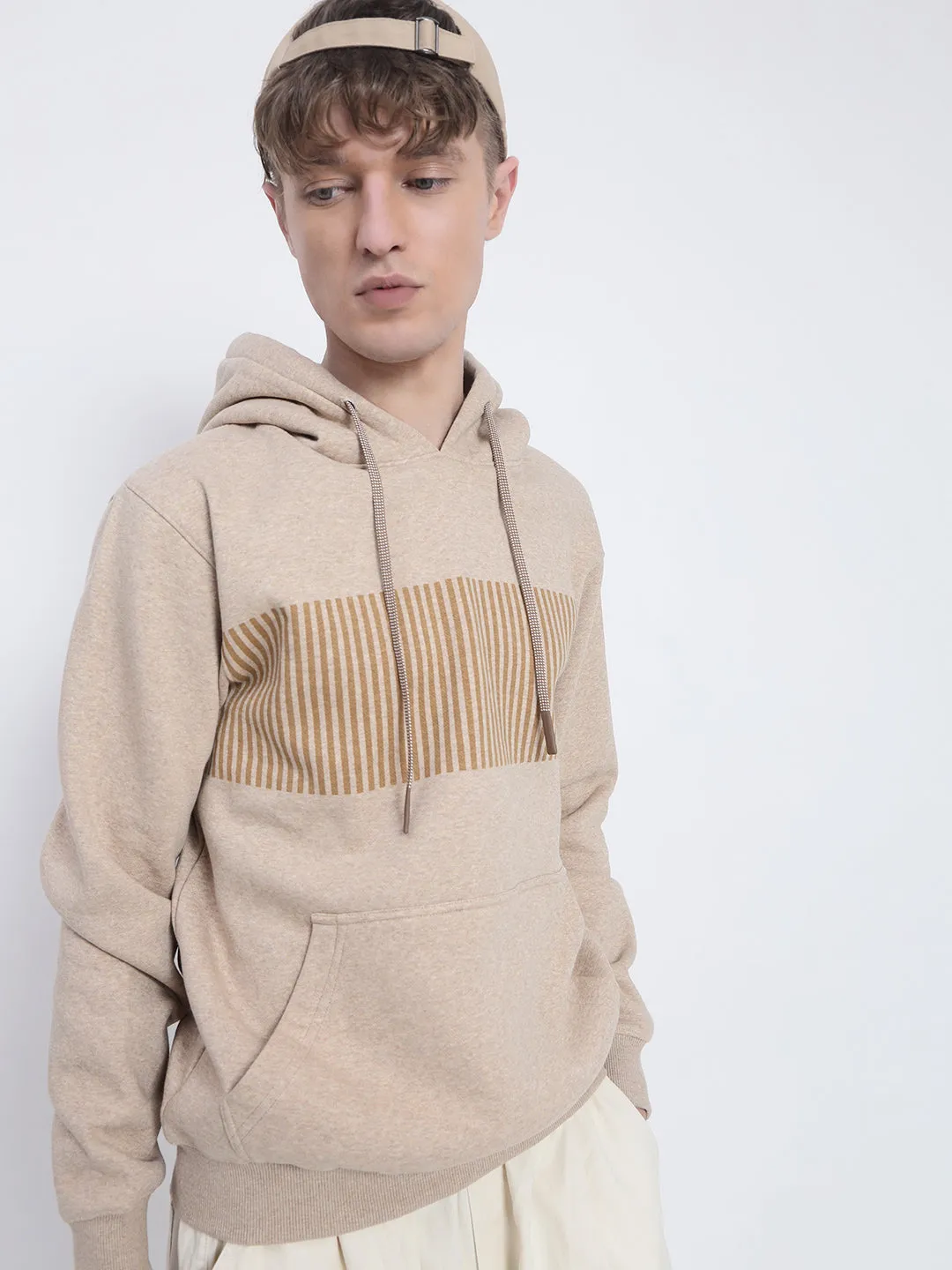 Men's Striped Beige Hoodie Easy to Carry