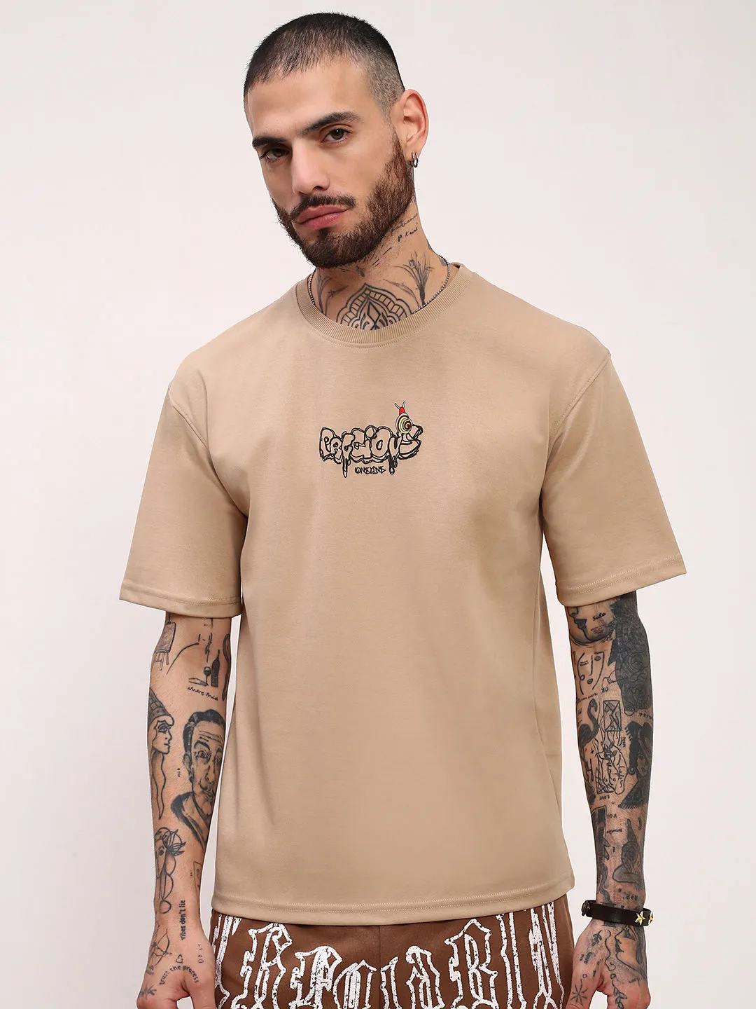 swimming suitable Anti-static Men's Beige Graphic Printed Regular Fit T-Shirt