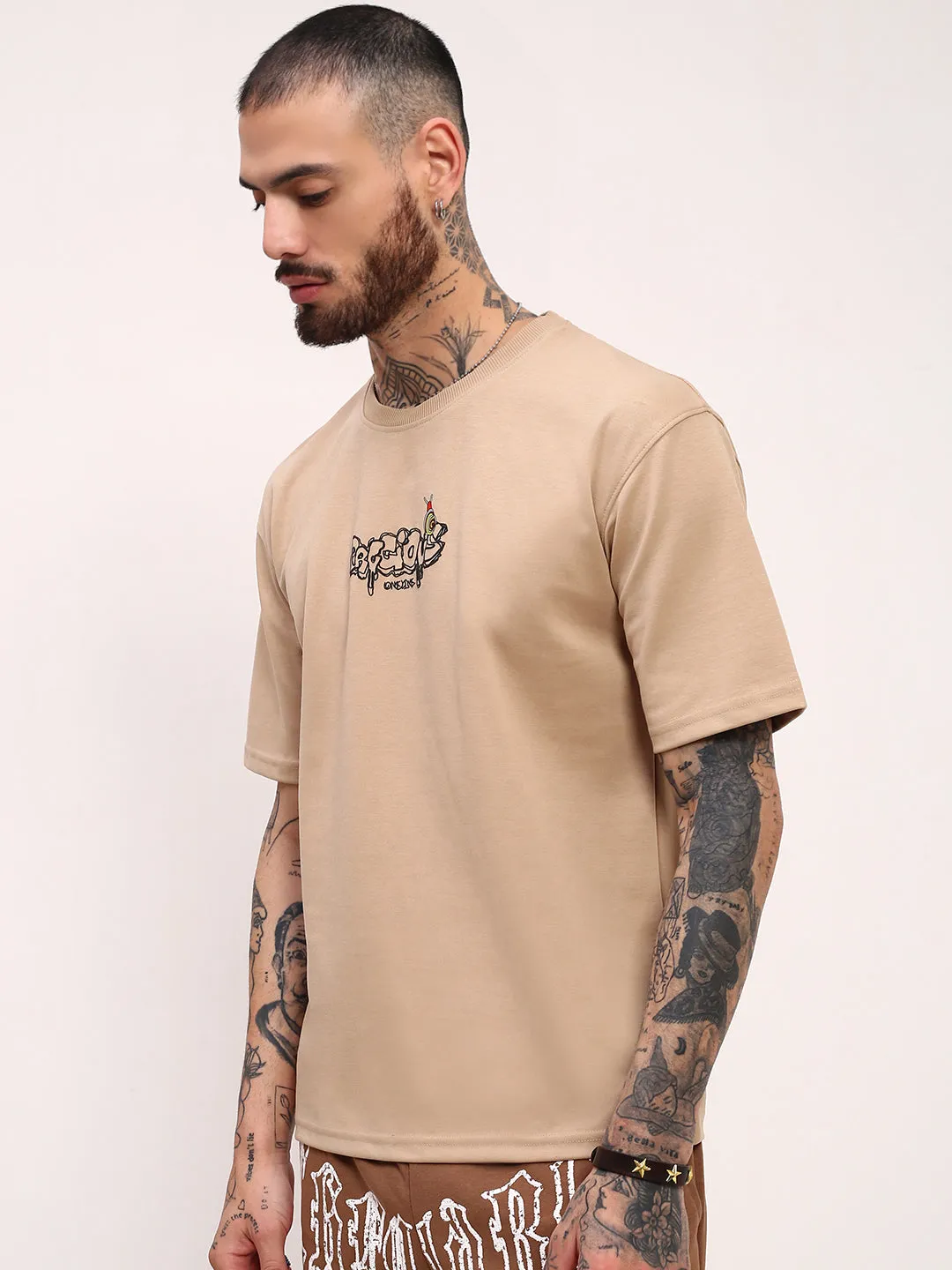 product party readiness Men's Beige Graphic Printed Regular Fit T-Shirt