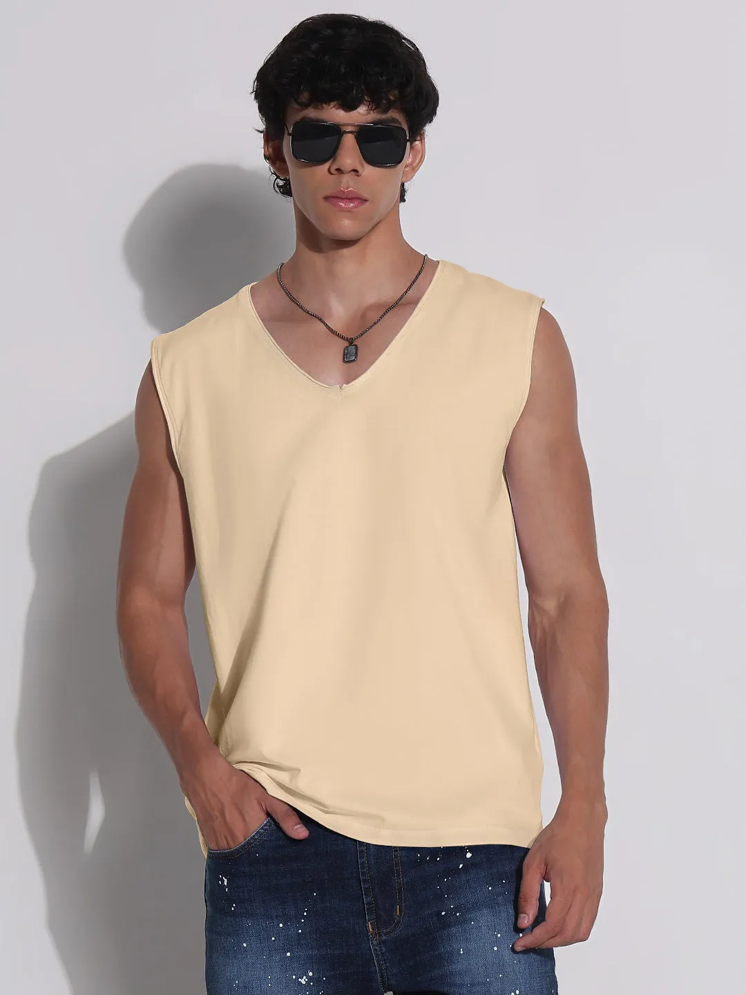 Men's Cream V-Neck Vest Sleeveless T-Shirt AbrasionResistantFabric Handmade Fit