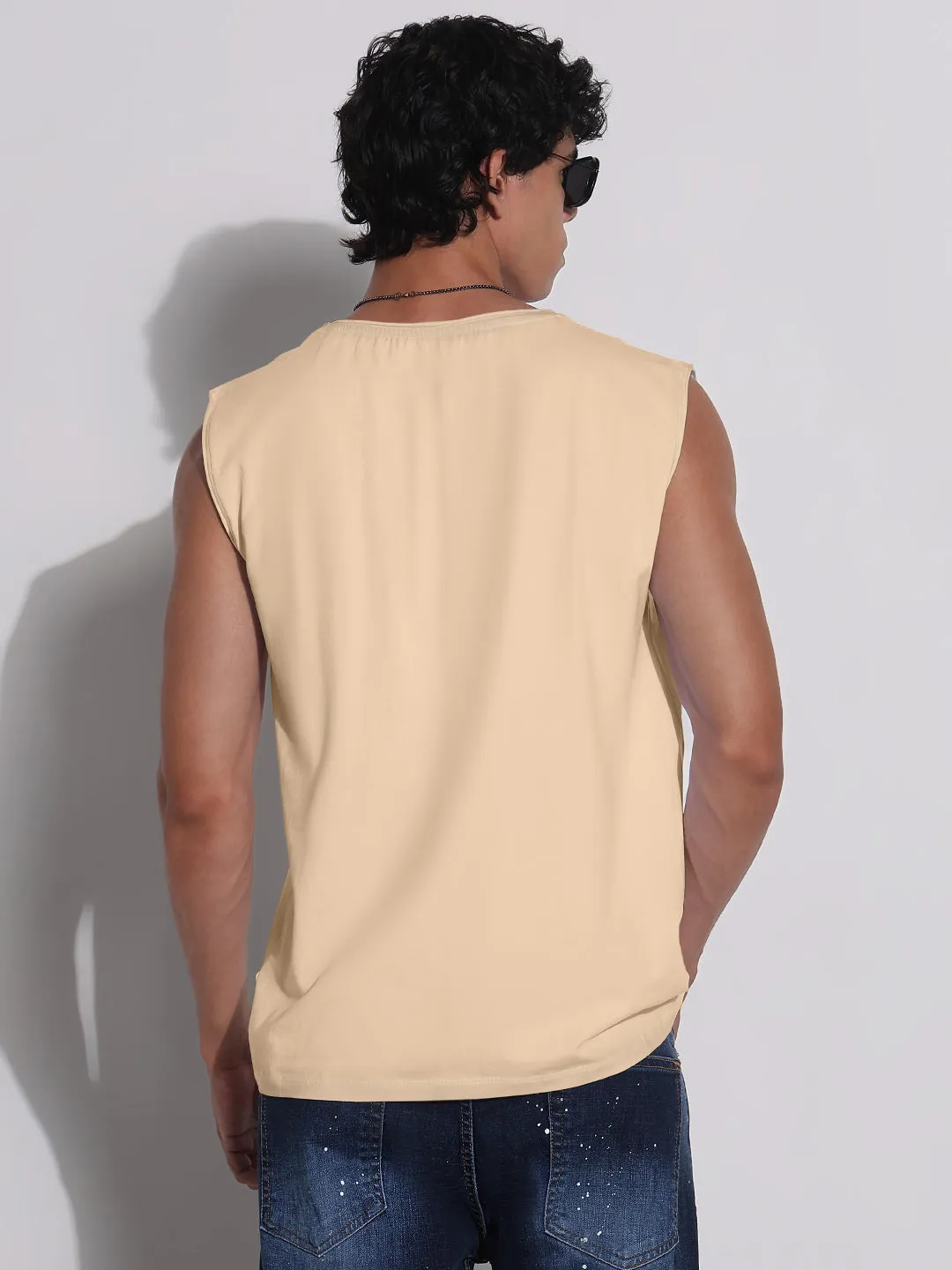 Sea Fit Men's Cream V-Neck Vest Sleeveless T-Shirt