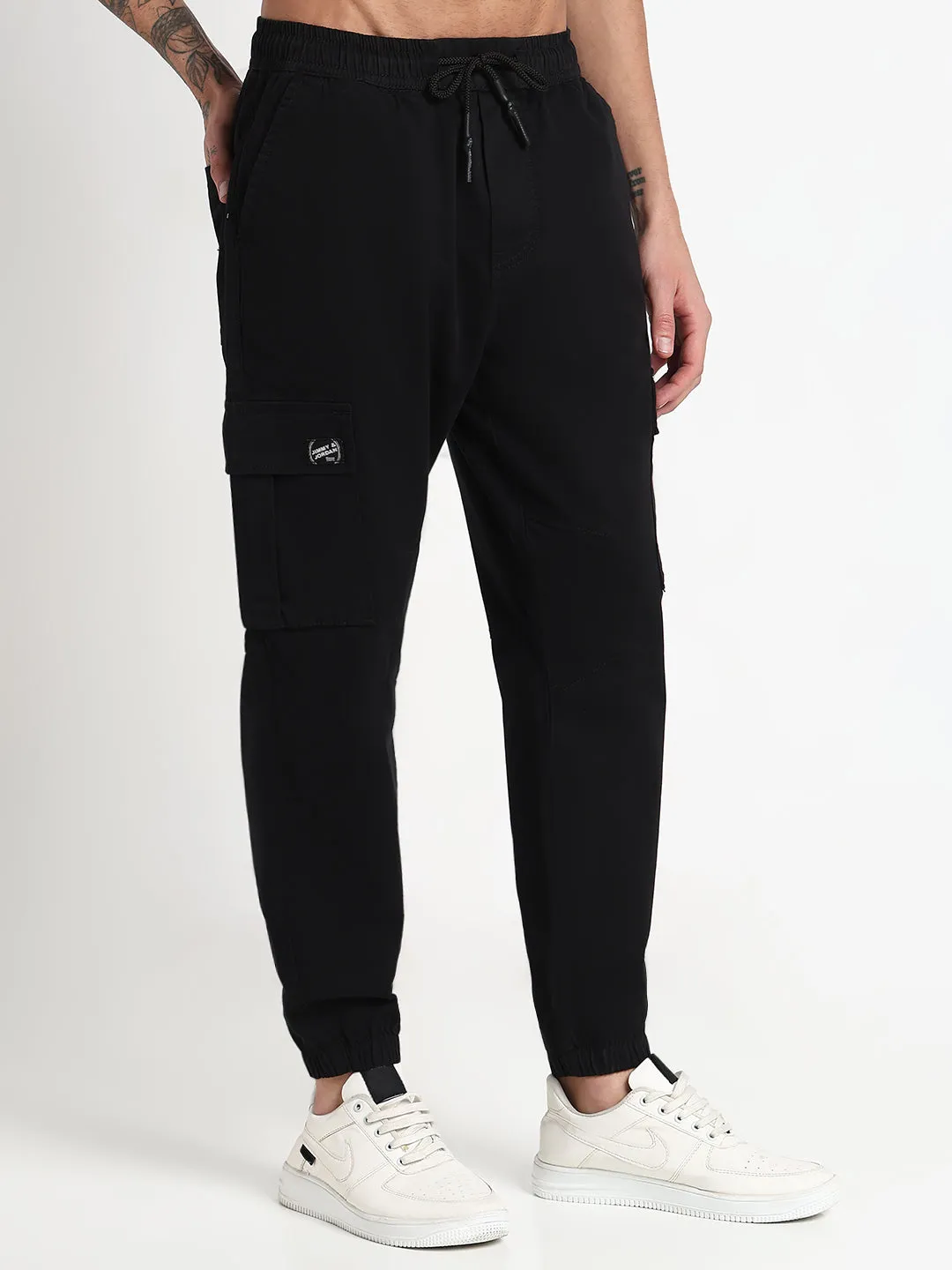Men's Black Solid Cargo Joggers SustainableManufacturing Polished Look