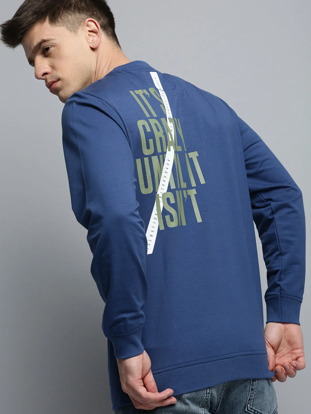 Men's Blue Typography Printed Cotton Sweatshirt Chill Vibe Travel Essential
