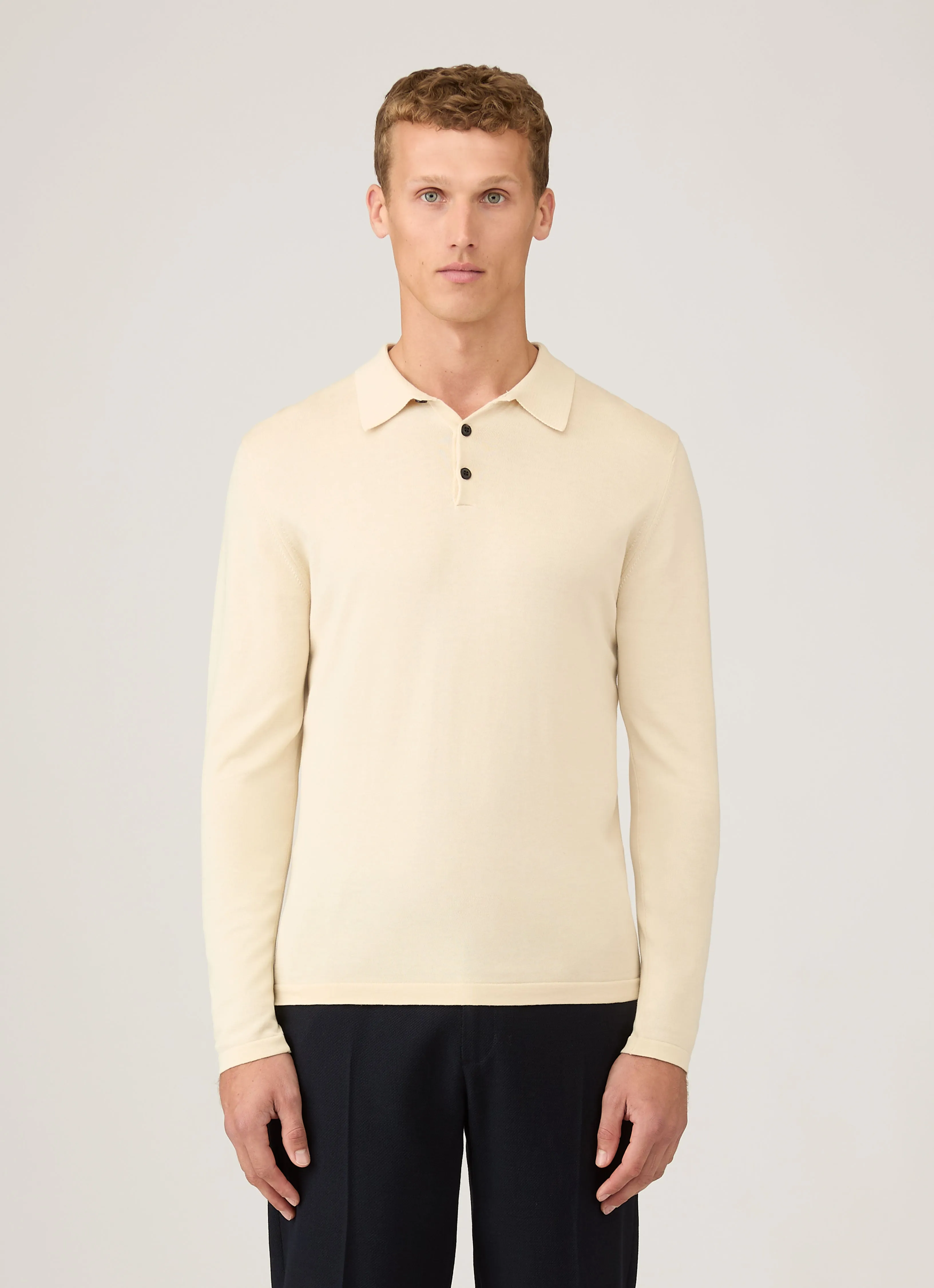 Shrink Resistant Process Relaxed Crew Neck Men's Long Sleeve Sea Island Cotton Knit Polo Shirt in Undyed