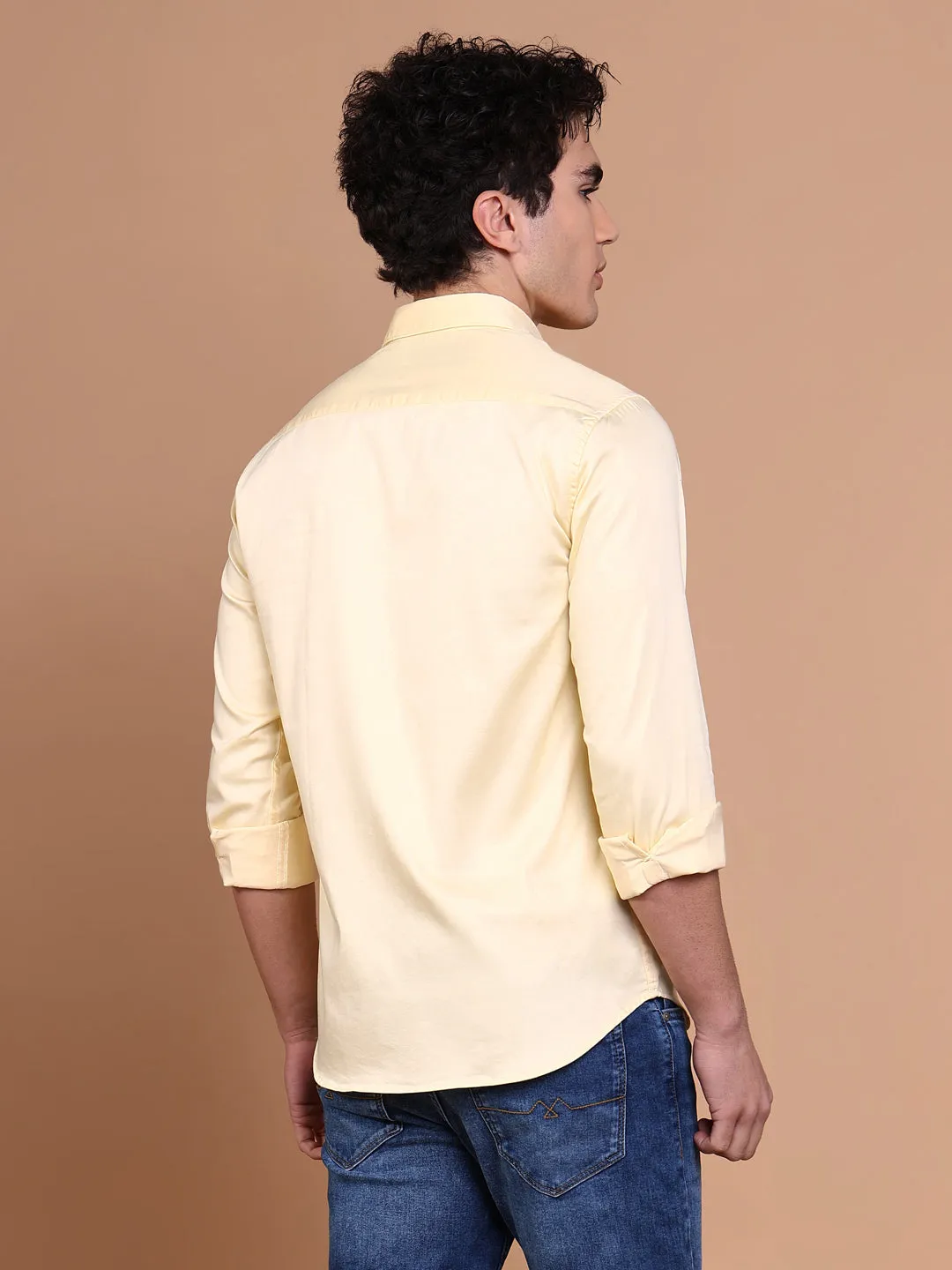 Men's Yellow Comfort Spread Collar Solid Cotton Casual Shirt Relaxed Blouse Graceful Design