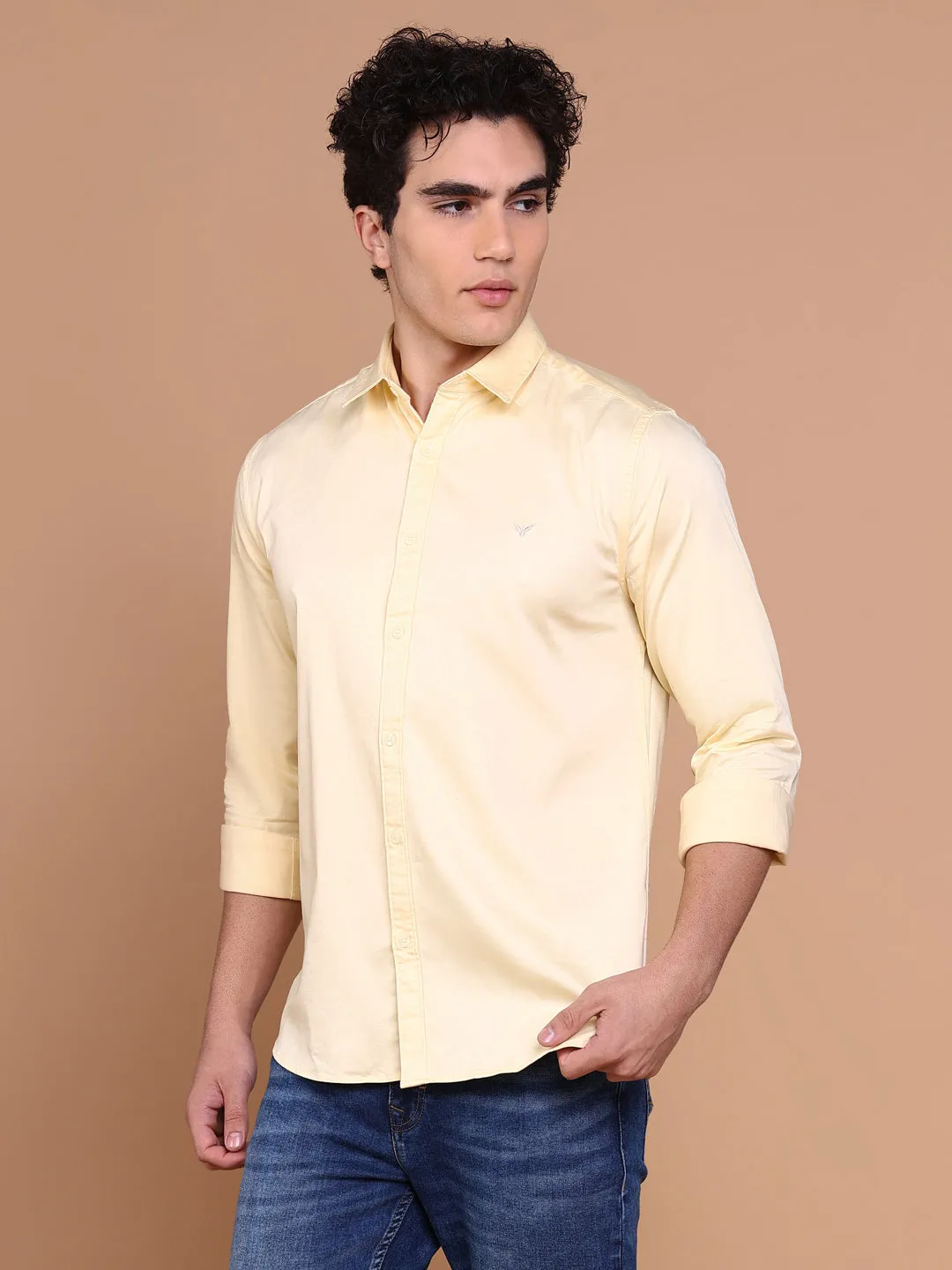 Denim Cool Men's Yellow Comfort Spread Collar Solid Cotton Casual Shirt