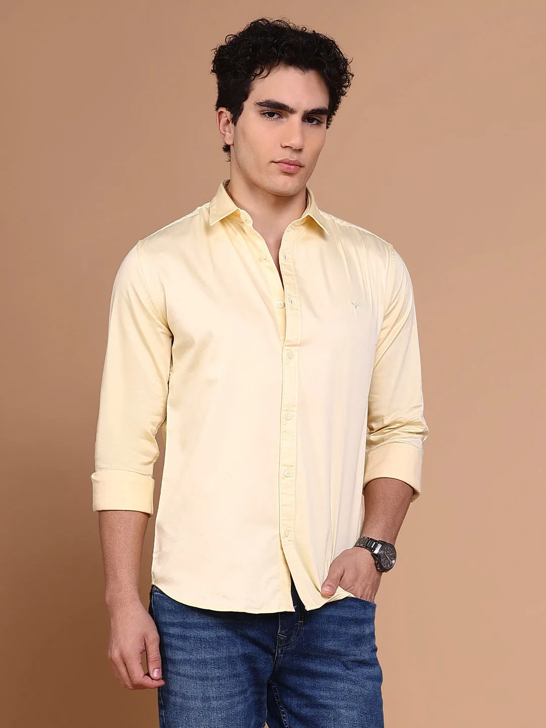 Men's Yellow Comfort Spread Collar Solid Cotton Casual Shirt ShockAbsorbent Padding