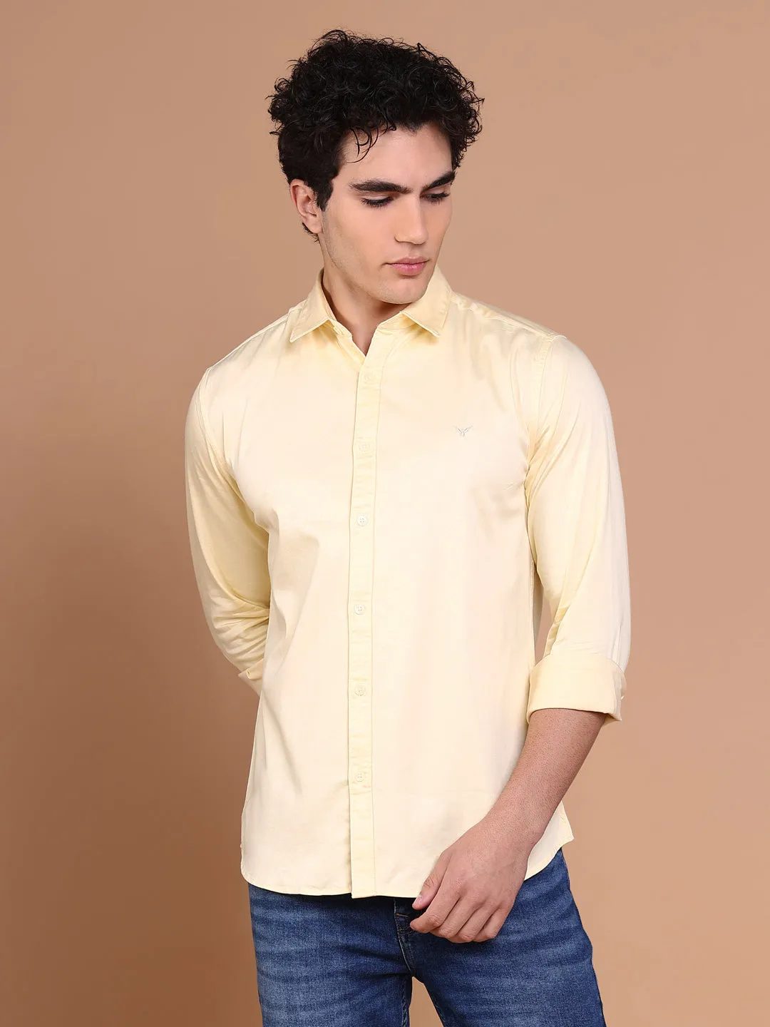 Nature Base Professional Clothing Men's Yellow Comfort Spread Collar Solid Cotton Casual Shirt