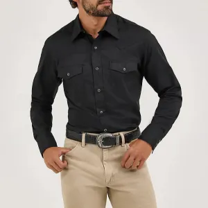 Geometric Pattern Wrangler Men's L/S Solid Broadcloth Western Snap Shirt in Black