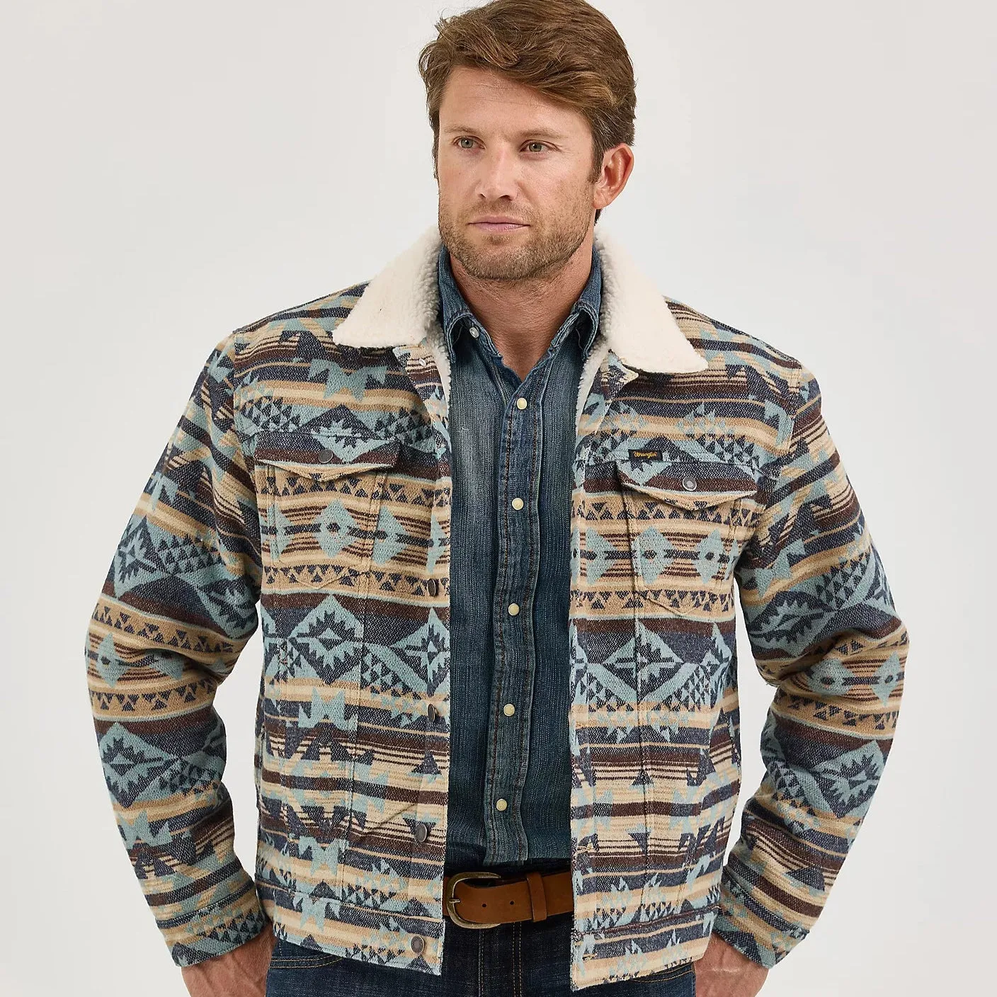 Wrangler Men's Sherpa Lined Jacquard Print Trucker Jacket in Dark Sapphire On The Go Clean Lines
