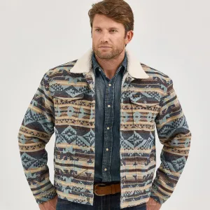 Wrangler Men's Sherpa Lined Jacquard Print Trucker Jacket in Dark Sapphire On The Go Clean Lines