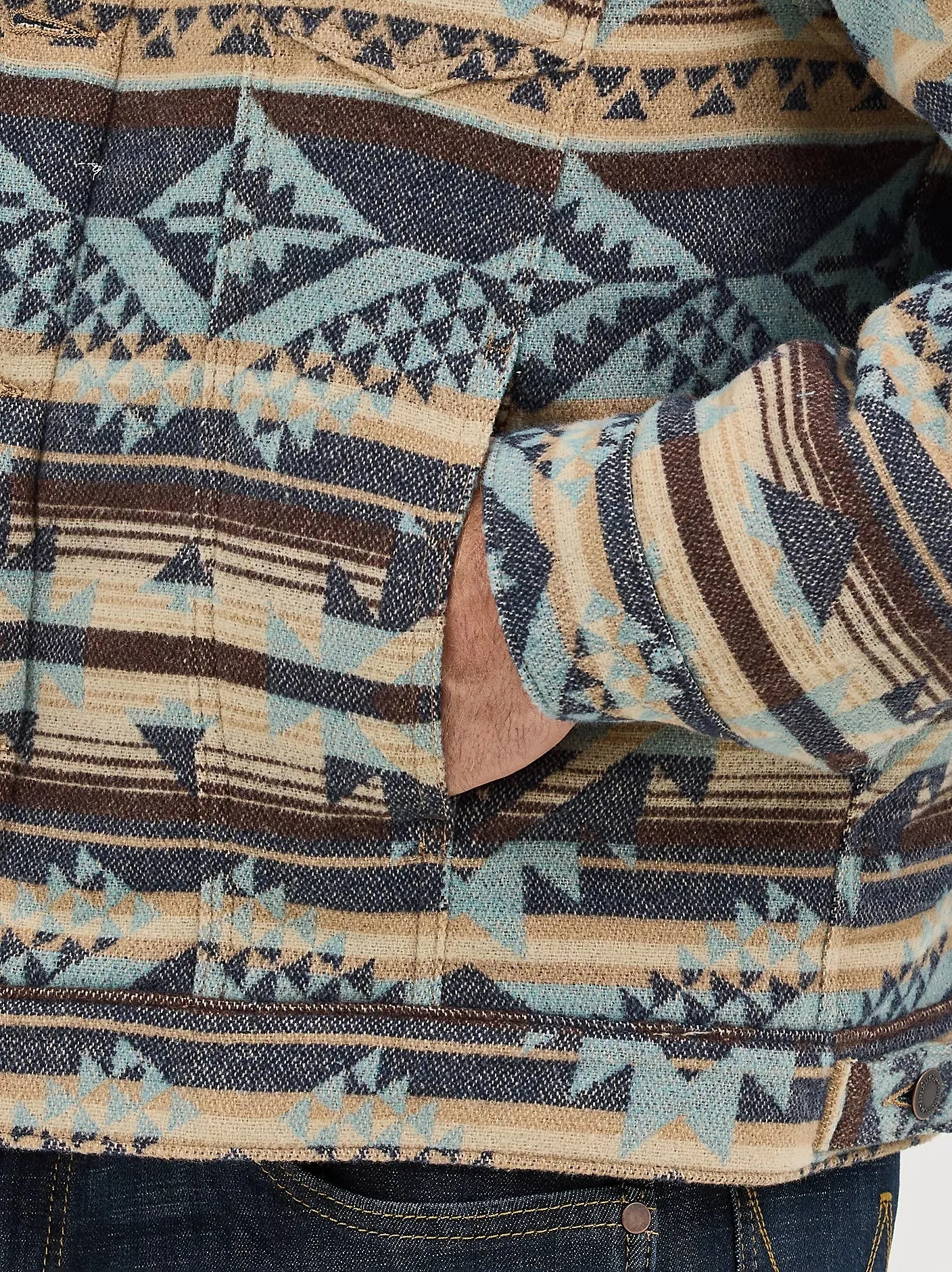 Wrangler Men's Sherpa Lined Jacquard Print Trucker Jacket in Dark Sapphire Relaxed Daily Style