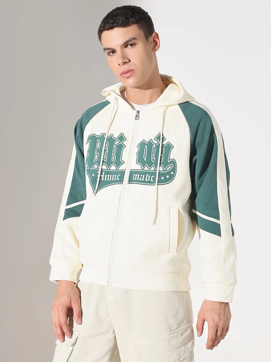 Versatile Outfit Men's Typography Cream Slim Fit Hoodie with Zip