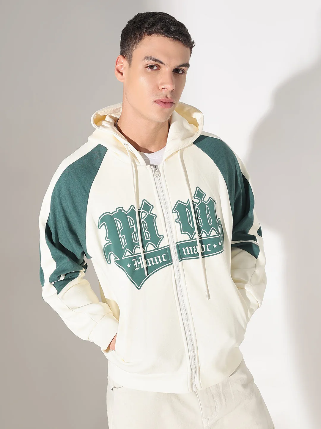 All-Day Wear Men's Typography Cream Slim Fit Hoodie with Zip