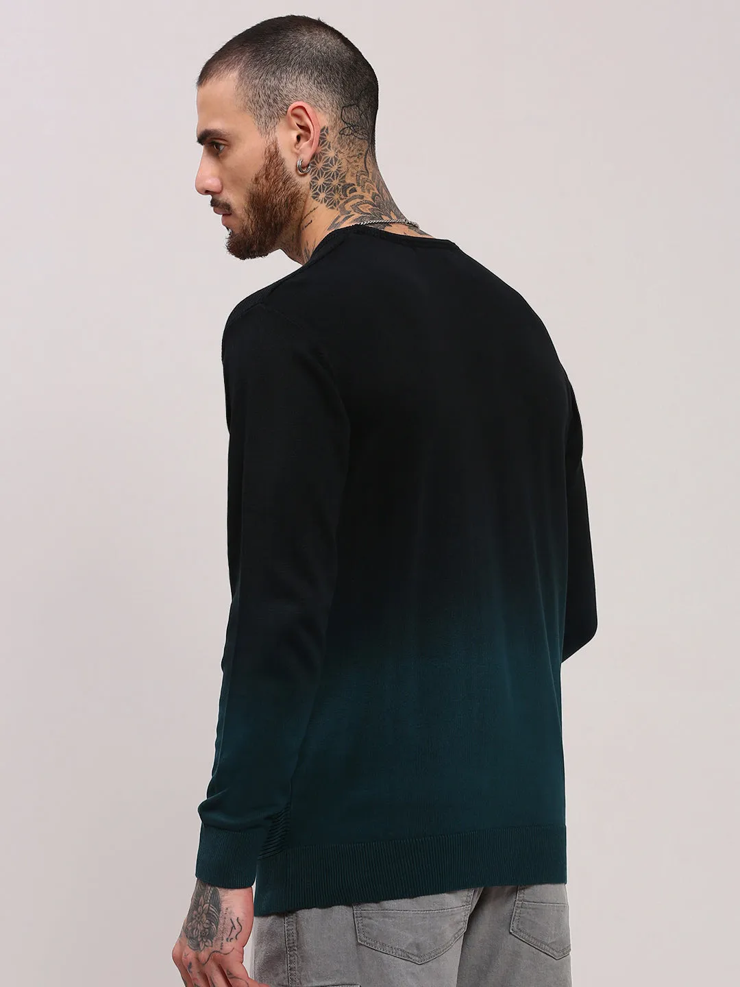 Men's Teal Cotton Colour blocked Pullover Sweater Versatile Casual Look