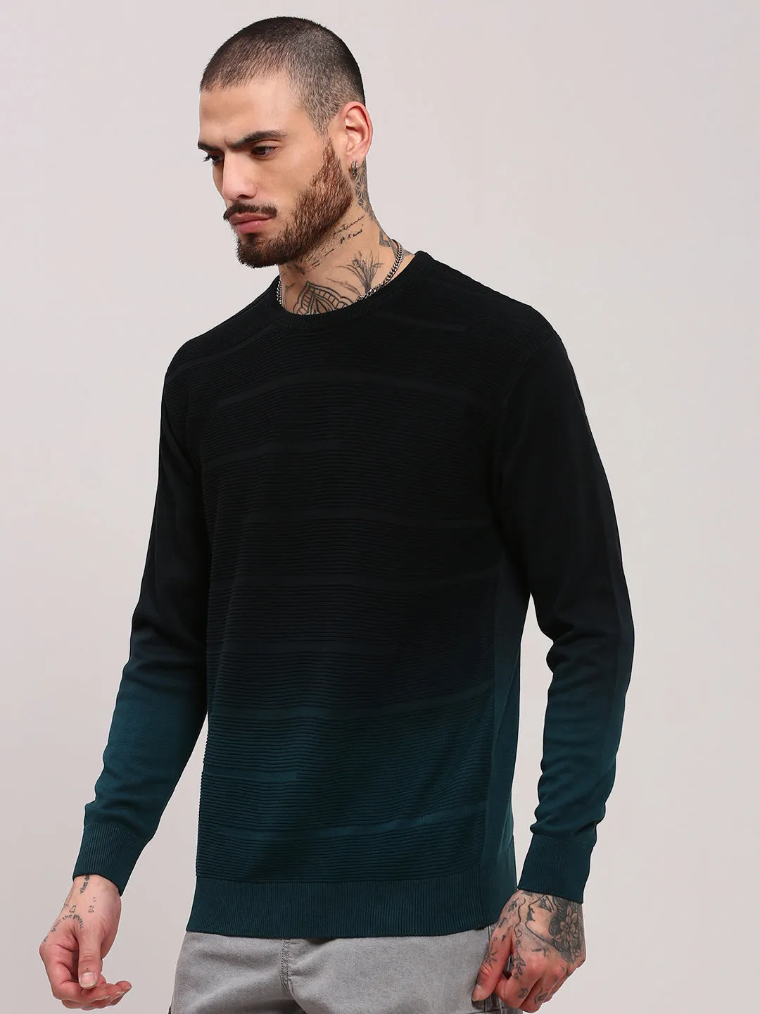 Men's Teal Cotton Colour blocked Pullover Sweater Cozy Mood