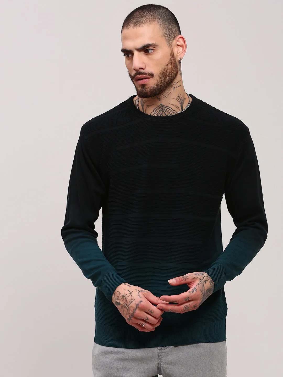 Fall Favorites Men's Teal Cotton Colour blocked Pullover Sweater