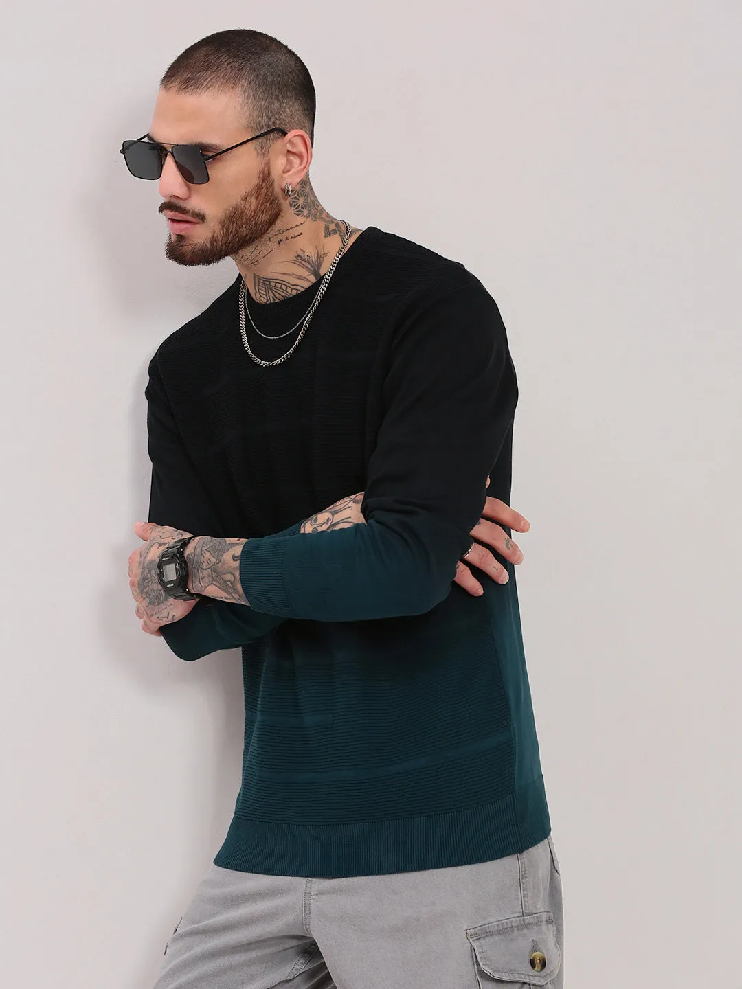 City Comforted Autumn Ready Men's Teal Cotton Colour blocked Pullover Sweater