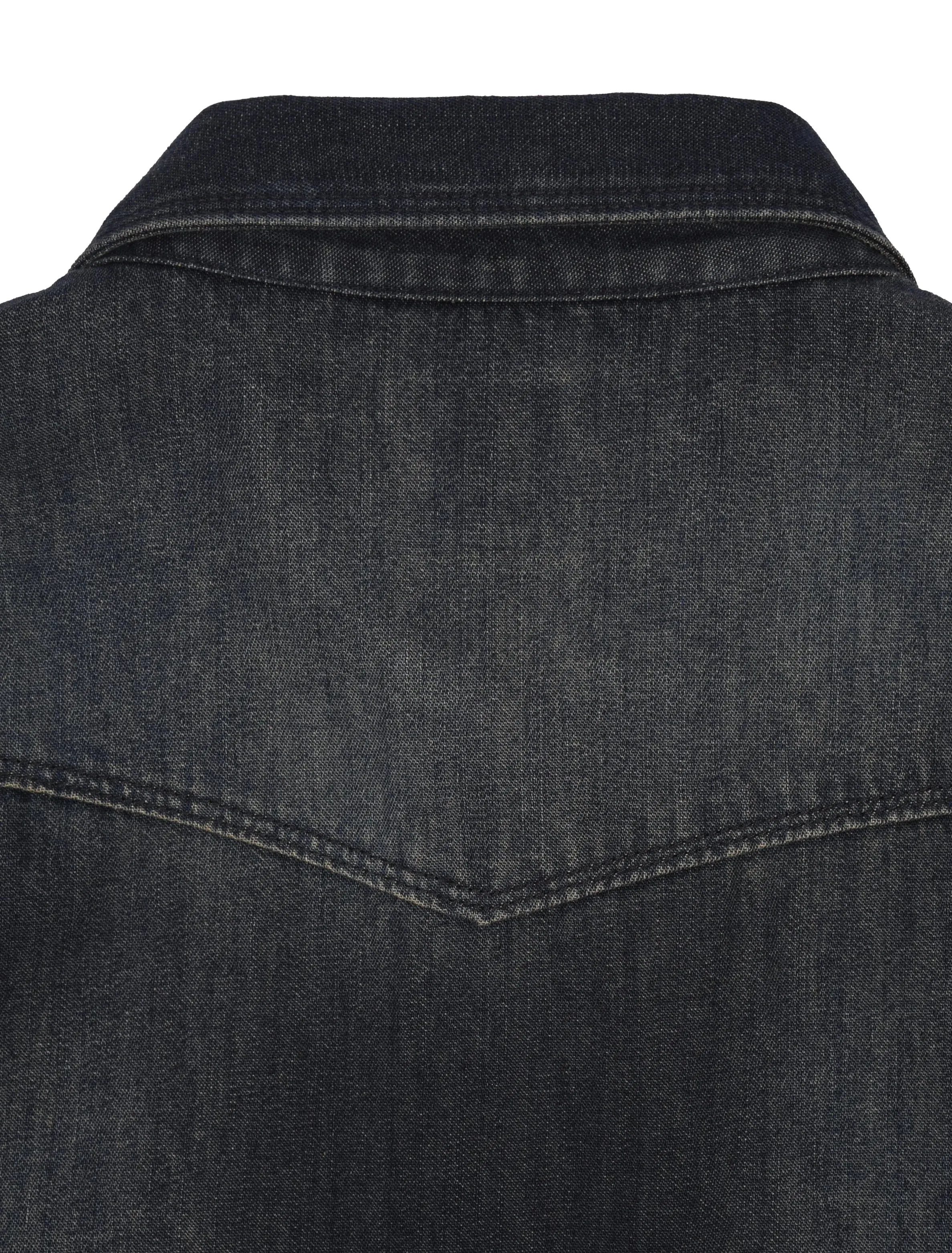 Chilly Day Style Roomy Fit Flynt Western Men's Alamito Western Pearl Snap Denim Shirt in Dark Acid Wash