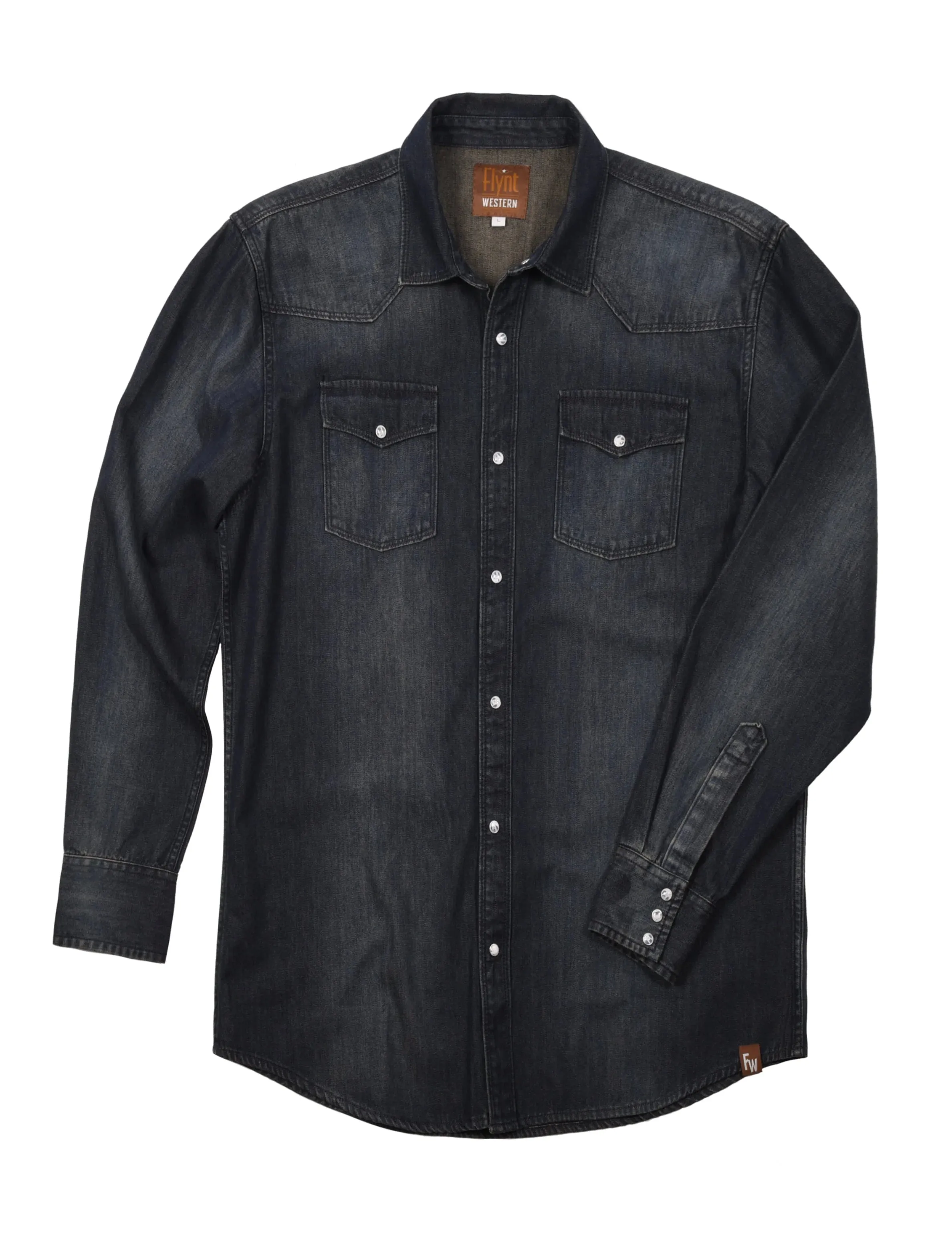 Flynt Western Men's Alamito Western Pearl Snap Denim Shirt in Dark Acid Wash Quick Comfort TaglessCollar