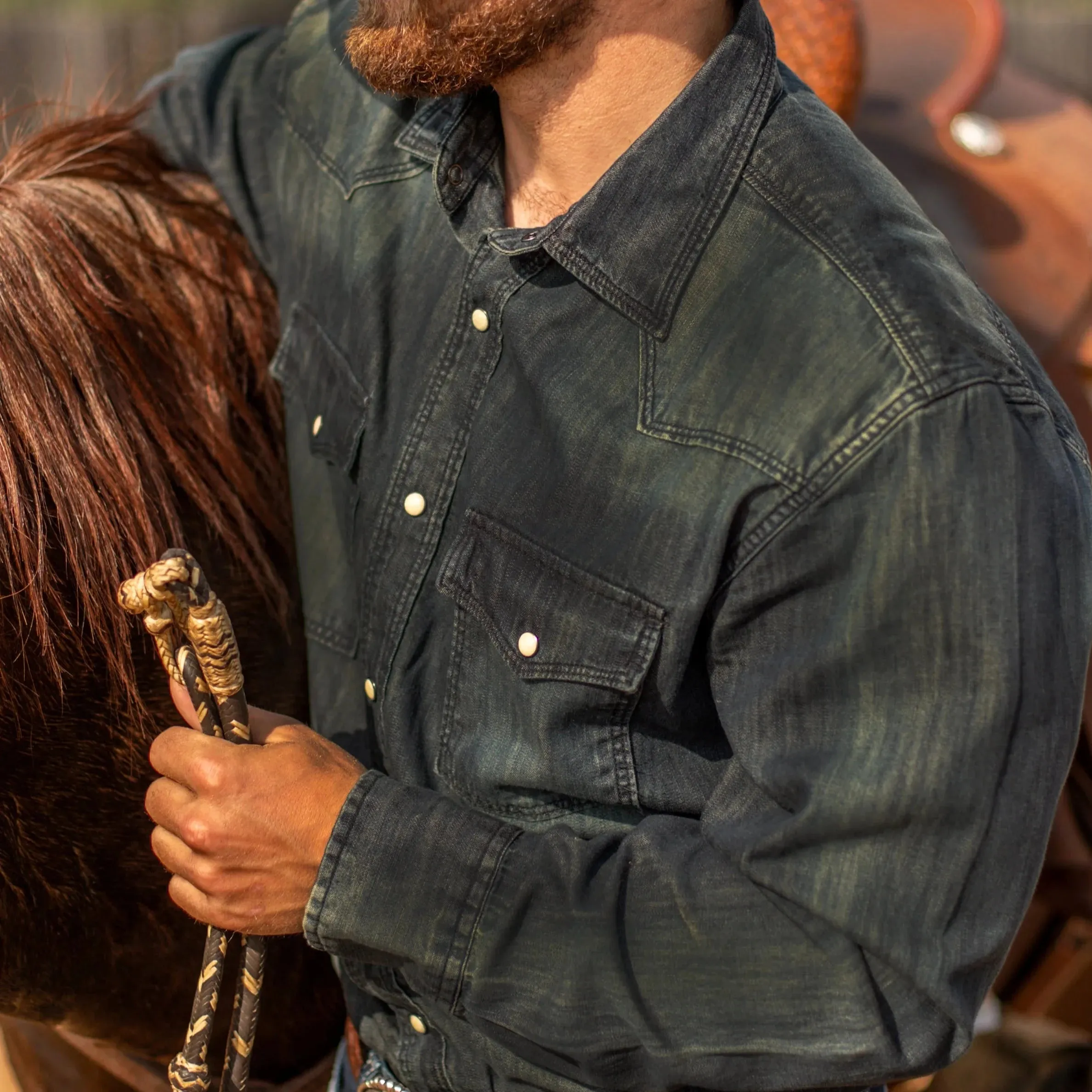 Flynt Western Men's Alamito Western Pearl Snap Denim Shirt in Dark Acid Wash Adjustable Hem Sleek Comfort Fit