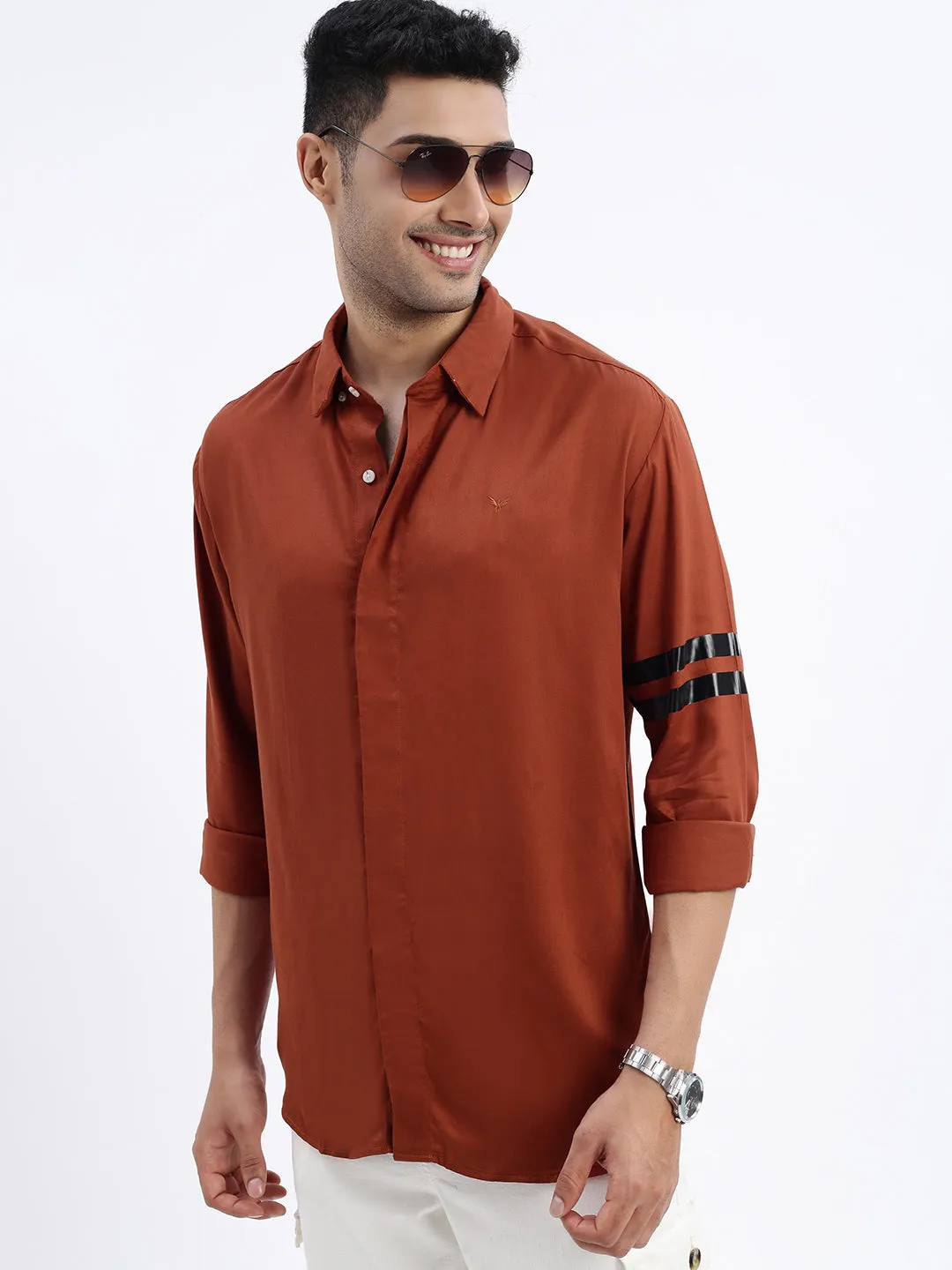 Style Mood Men's Brown Spread Collar Solid Cotton Slim Fit Shirt