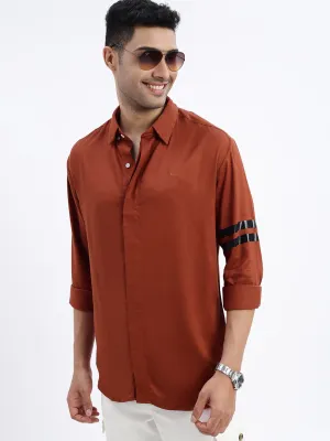 Style Mood Men's Brown Spread Collar Solid Cotton Slim Fit Shirt