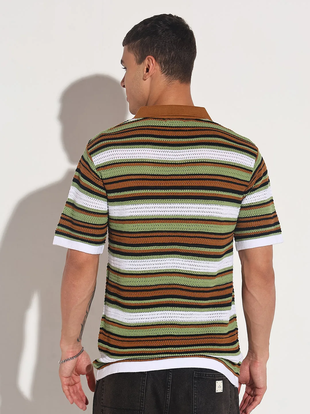 Stylish Hat HygroscopicFiber Men??s Brown Striped Knit Polo T-Shirt with Zipper Detail