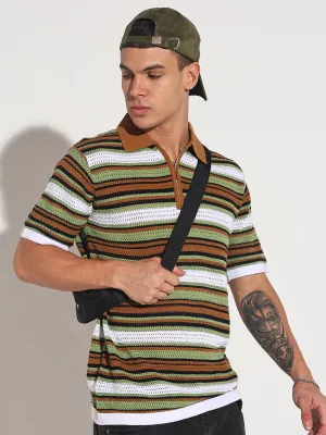Tight Net CompactFold Men??s Brown Striped Knit Polo T-Shirt with Zipper Detail
