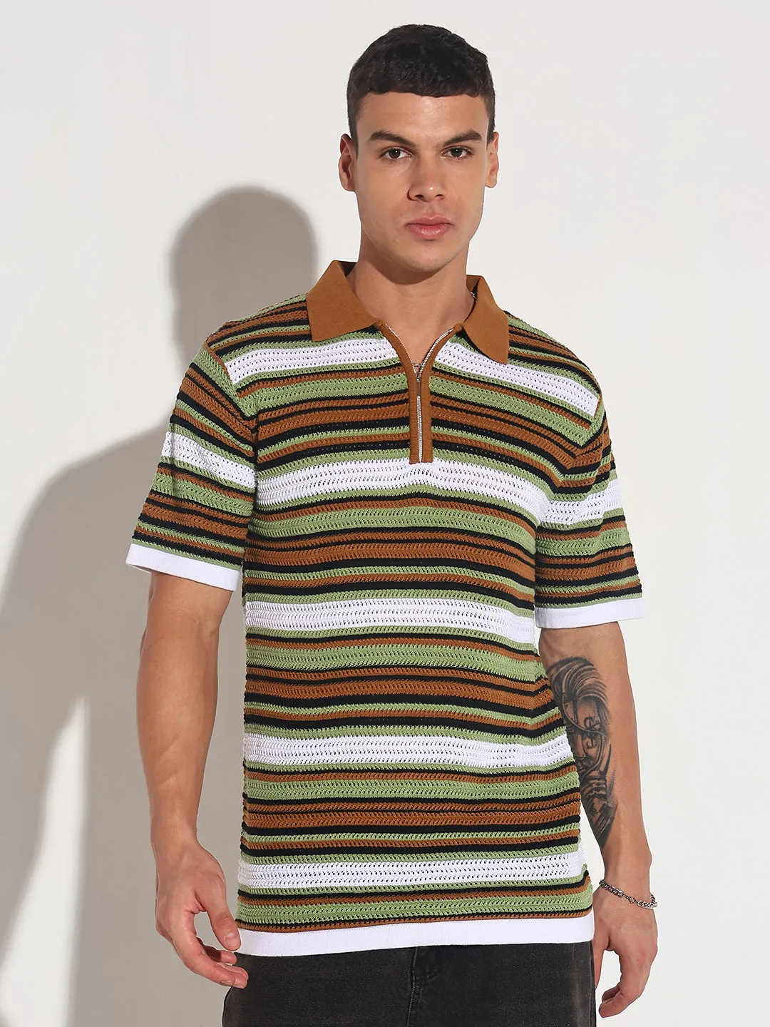 Men??s Brown Striped Knit Polo T-Shirt with Zipper Detail AllDayComfort QuickRelease Closure