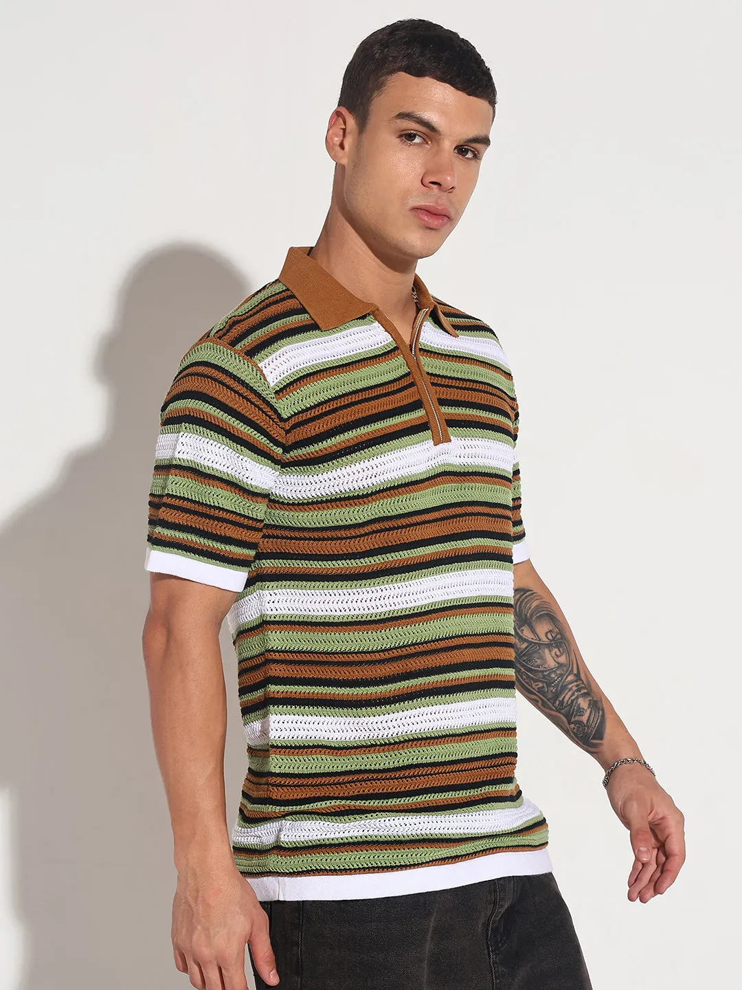 Easy Wash Men??s Brown Striped Knit Polo T-Shirt with Zipper Detail