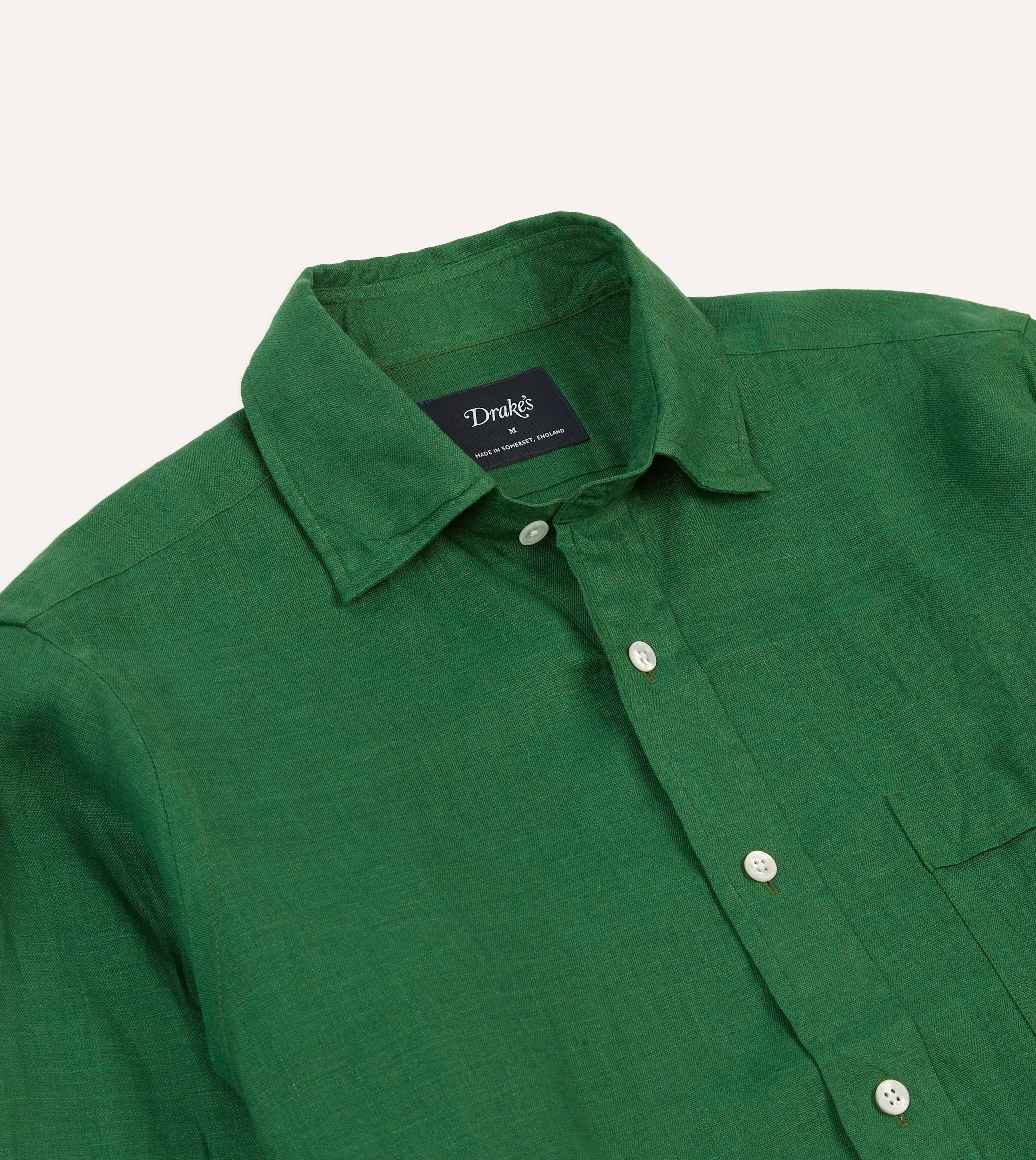 Versatile Layer Forest Green Linen Spread Collar Shirt