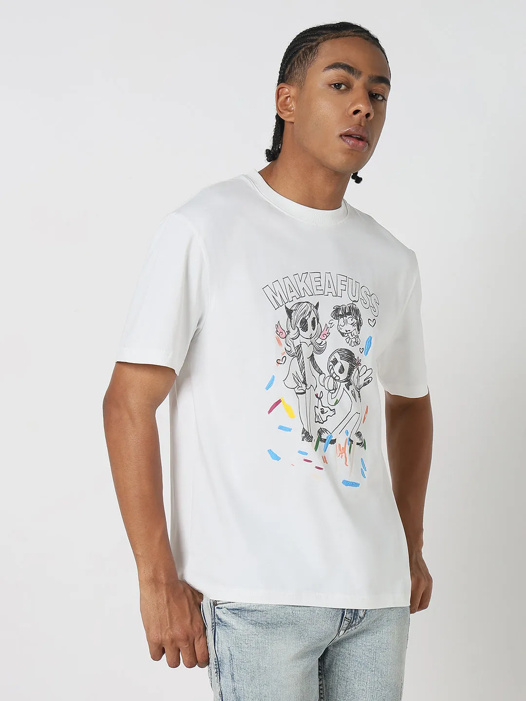 Men's Casual White Graphic T-Shirt Virtual Fit LayeredPaneling