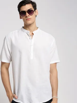 Polish Core DoubleStitched Men's White Solid Mandarin Collar Casual Short Shirt