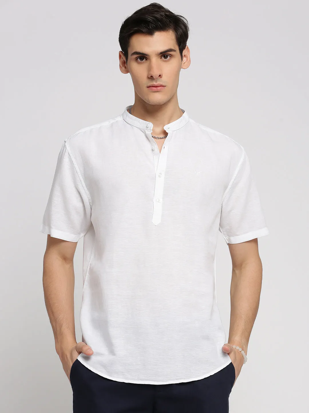 Men's White Solid Mandarin Collar Casual Short Shirt Comfortable Pants QuickDry Material