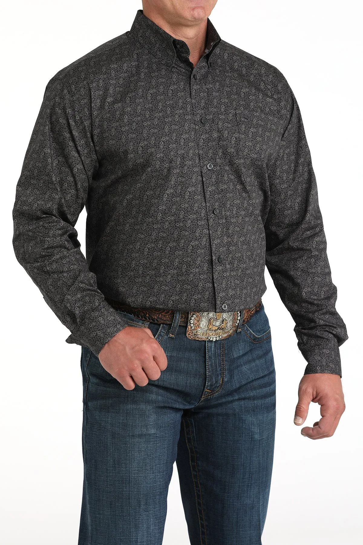 Active Design High-Quality Fabric Cinch Men's L/S Classic Fit Paisley Button Down Western Shirt in Charcoal