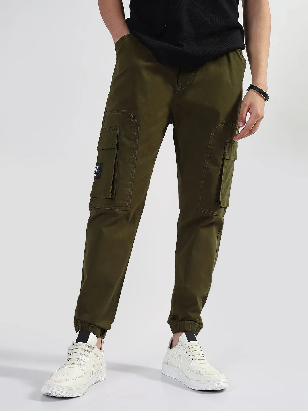 Men's Olive Solid Cargo Joggers Sporty Touch