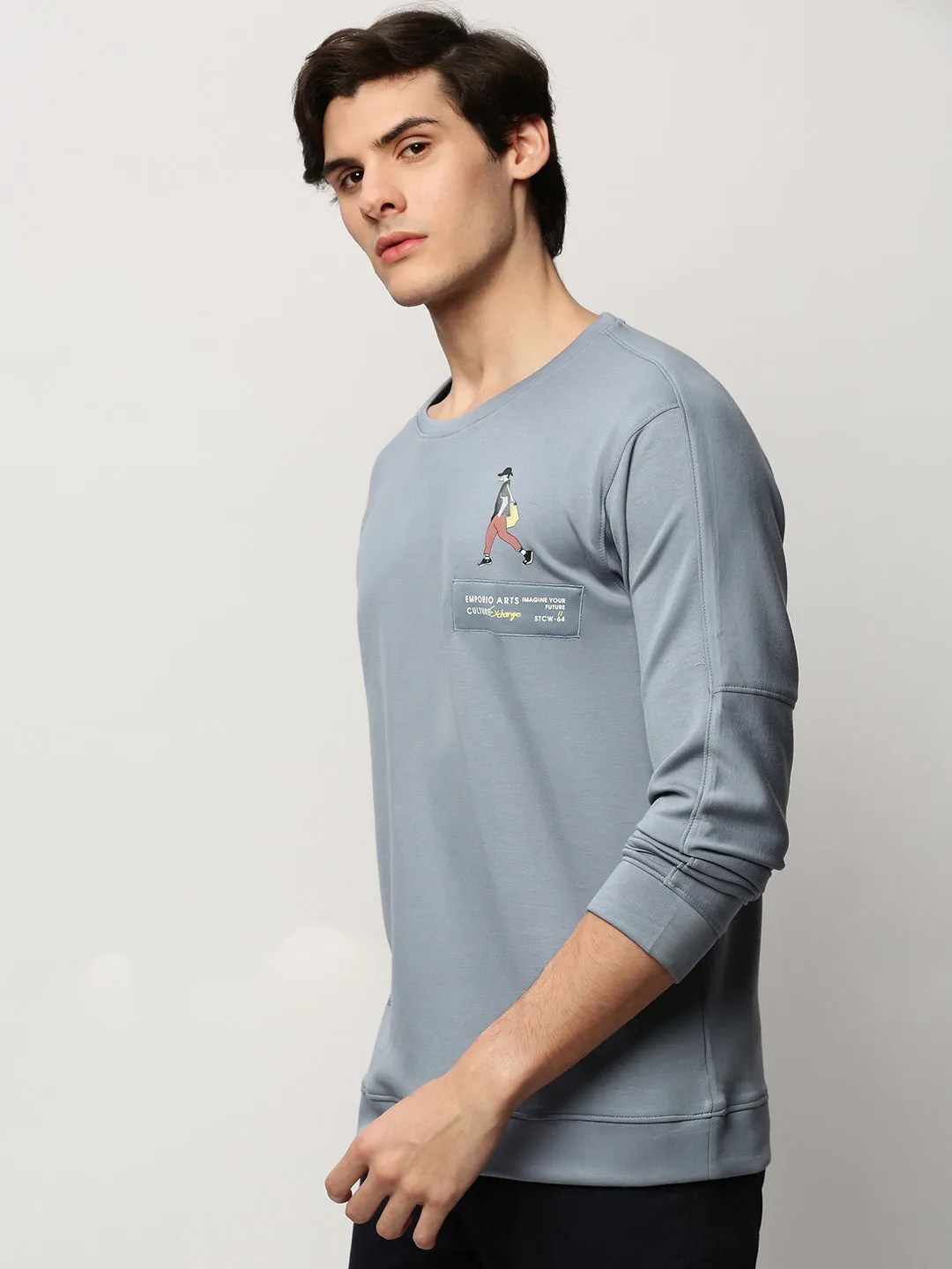 Modern Sporty Men's Blue Conversational Printed Cotton Pullover