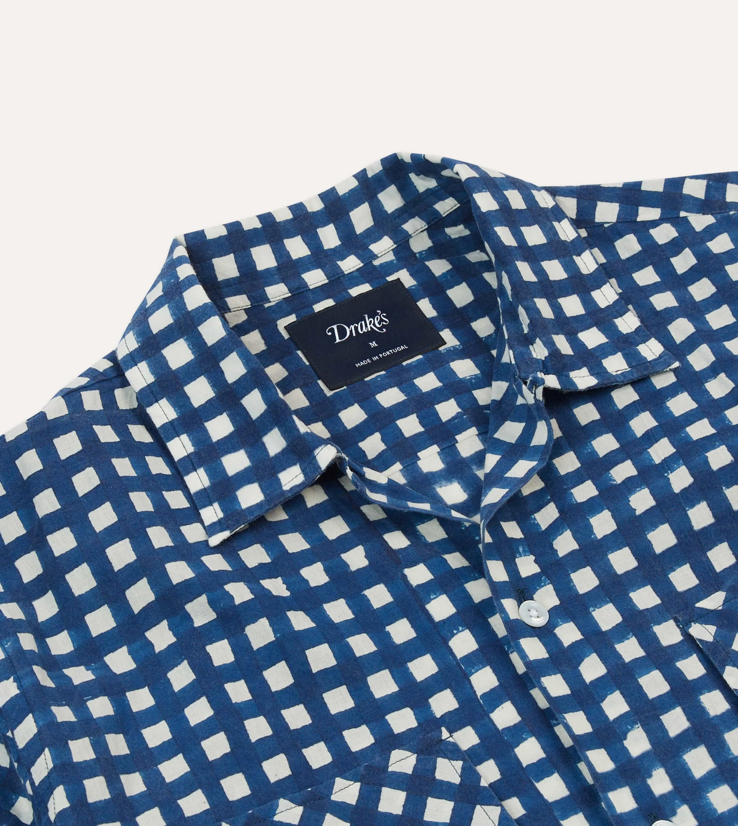 Perfect for Any Outfit Soft Knit Navy Gingham Check Block Print Cotton Camp Collar Short Sleeve Shirt