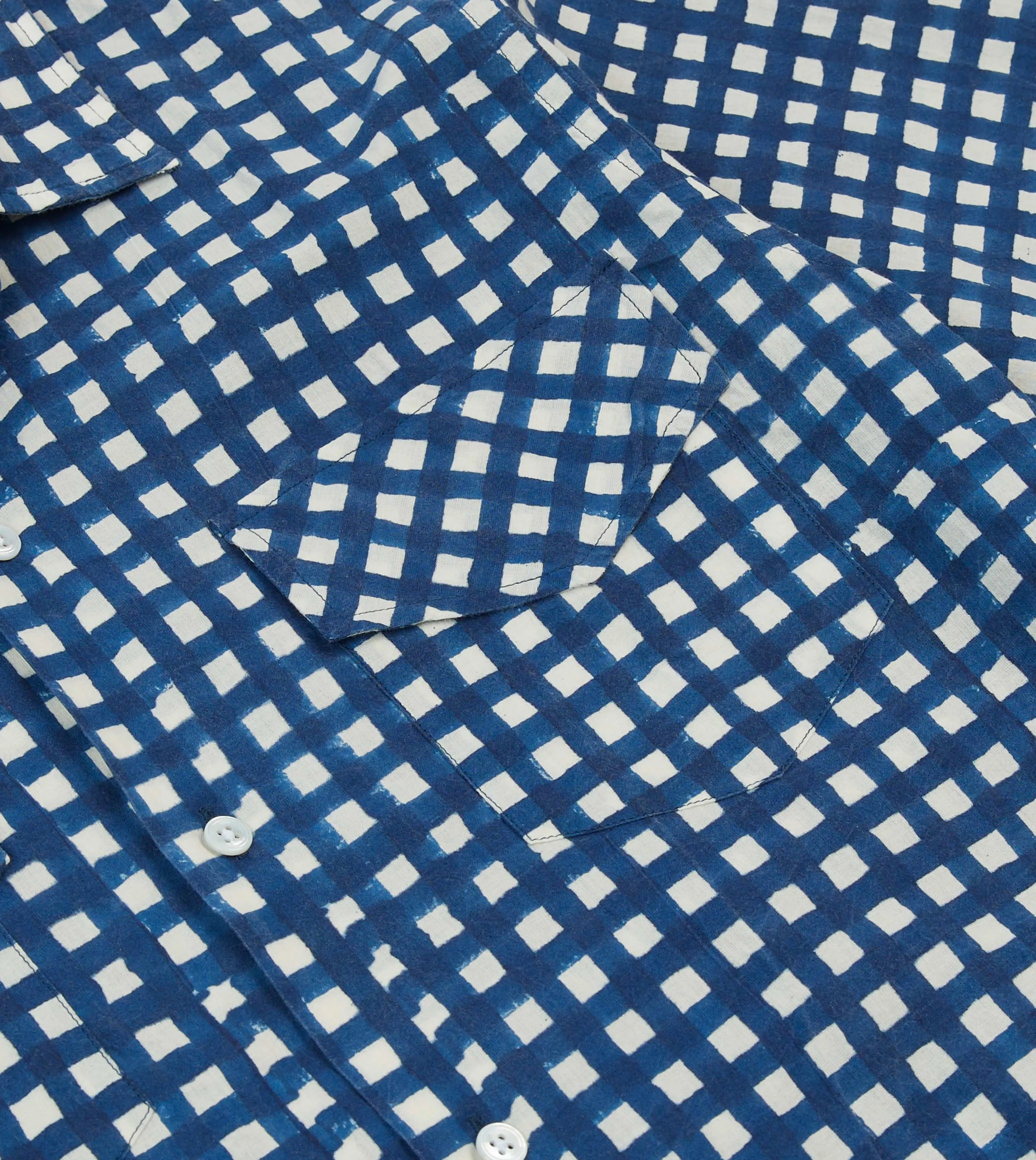 Seasonal Smart Casual Must-Have Navy Gingham Check Block Print Cotton Camp Collar Short Sleeve Shirt