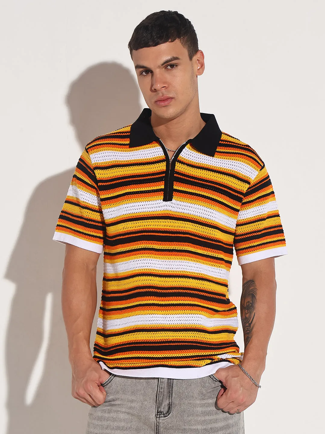 Men??s Yellow Striped Knit Polo T-Shirt with Zipper Detail Glam Night