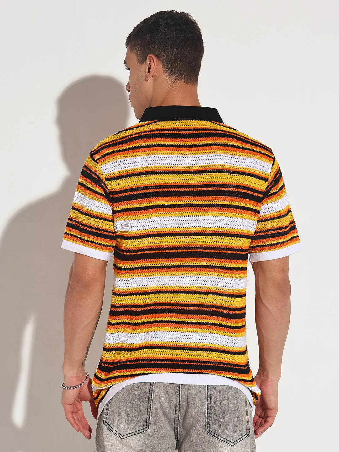 VentilatedKnit Men??s Yellow Striped Knit Polo T-Shirt with Zipper Detail