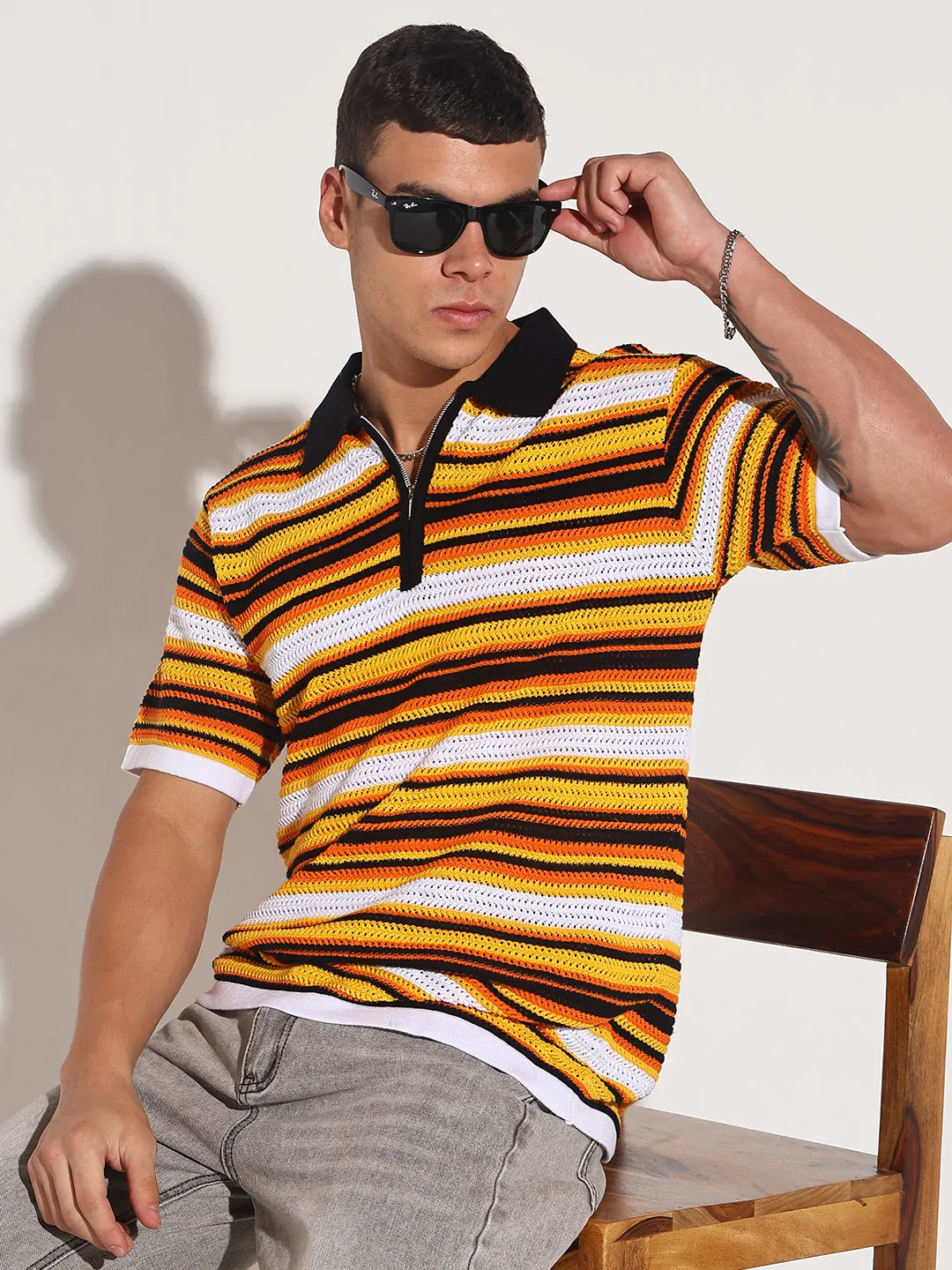Men??s Yellow Striped Knit Polo T-Shirt with Zipper Detail River Core Nature Glow