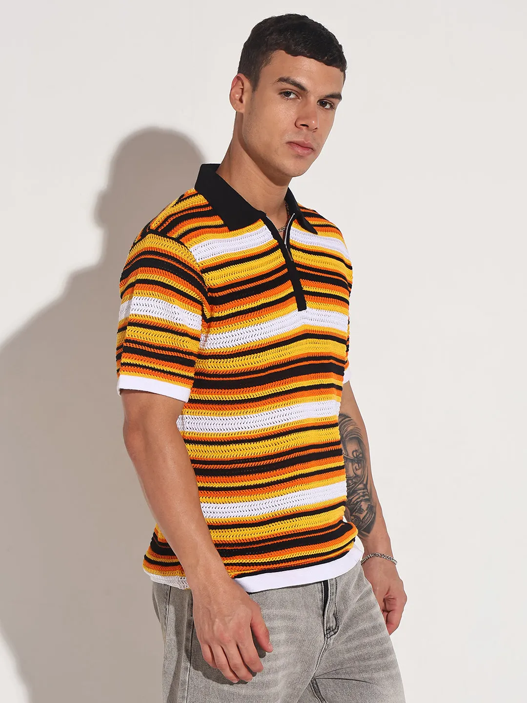 Relaxed Blouse Utility Jacket Men??s Yellow Striped Knit Polo T-Shirt with Zipper Detail