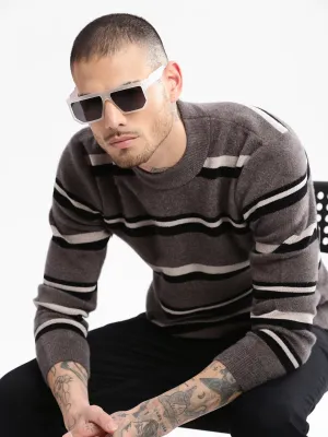 Men's Grey Round Neck Long Sleeves Striped Pullover Bold Simplicity