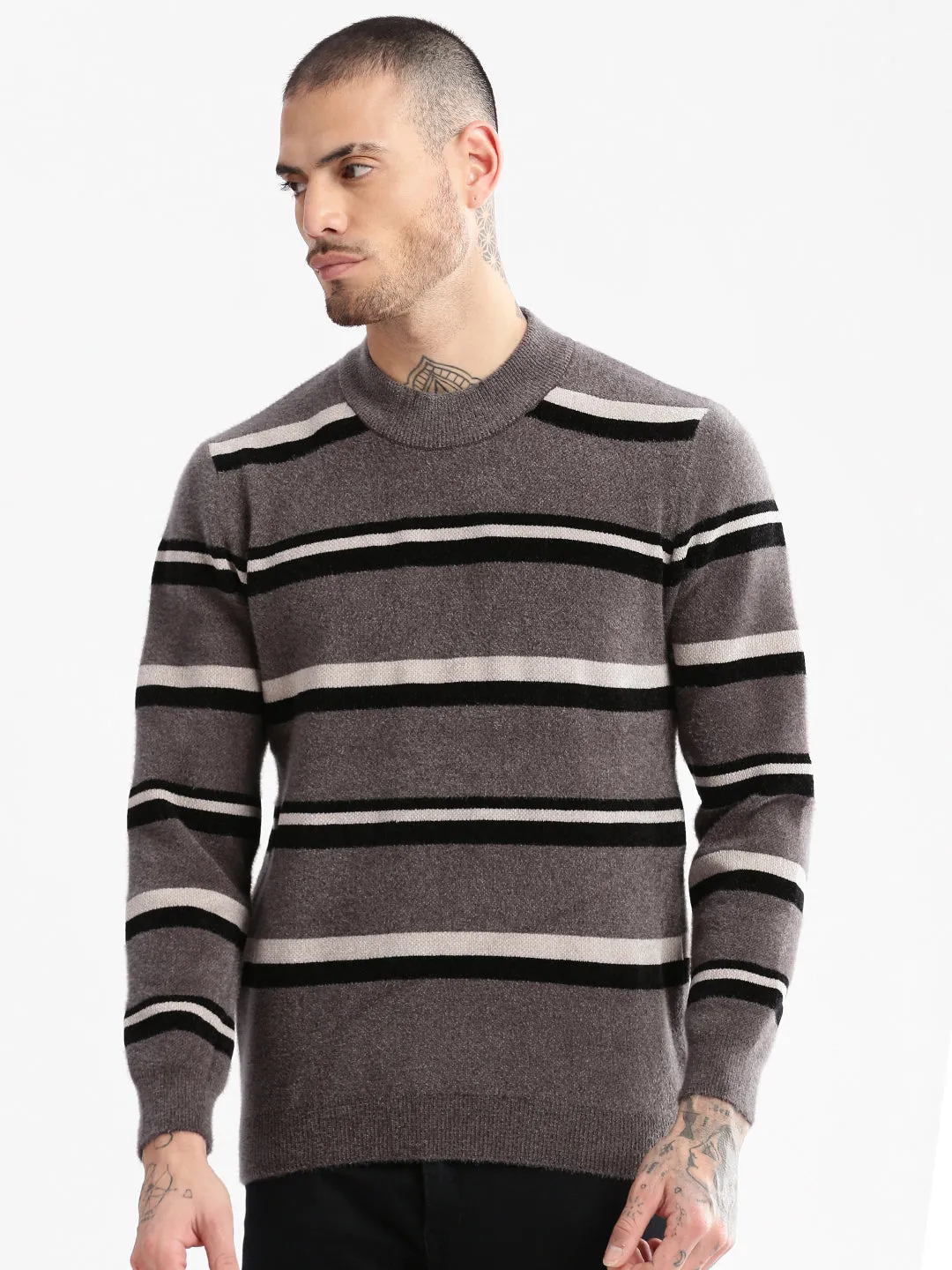 Easy Draping Indoor Comfort Men's Grey Round Neck Long Sleeves Striped Pullover