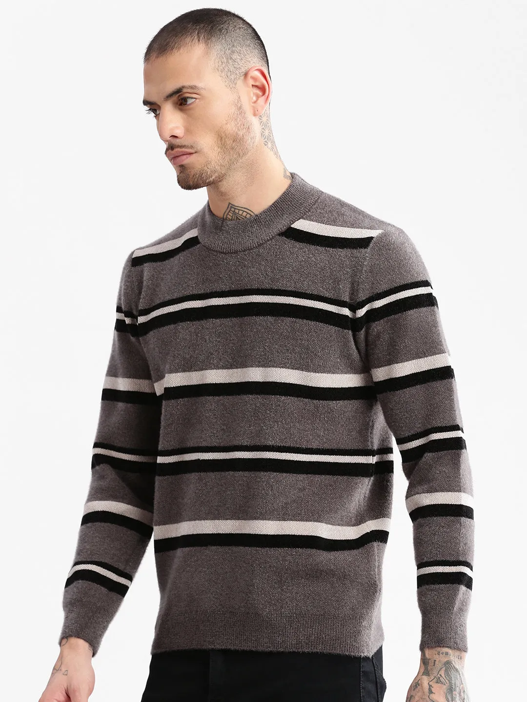 Waffle Knit Texture Men's Grey Round Neck Long Sleeves Striped Pullover