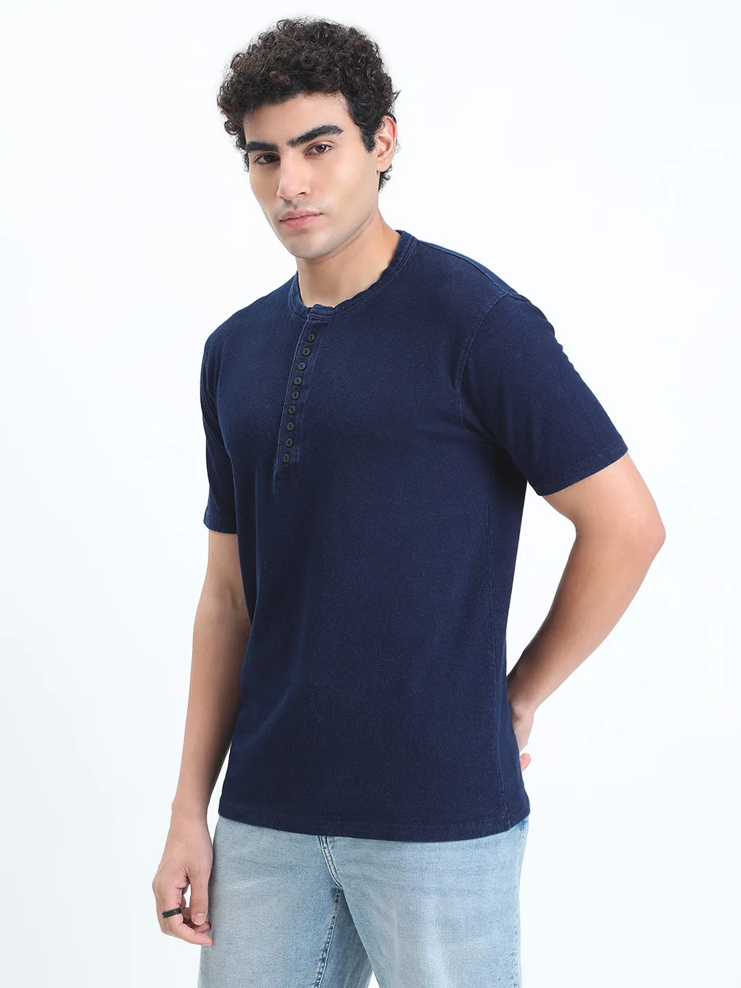 UVProtectionFabric Movement Friendly Men's Navy Blue Henley Collar Regular Fit T-Shirt