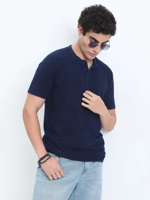 Men's Navy Blue Henley Collar Regular Fit T-Shirt Colorfast Technology